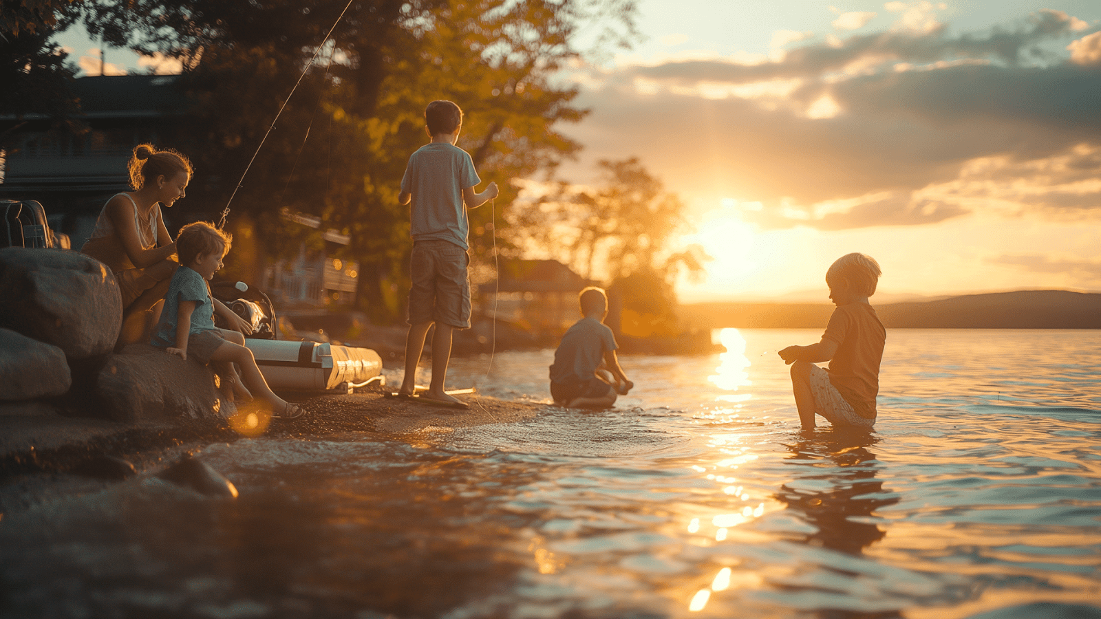 A family fishing and playing at the shore during sunset close to their Adirondacks cottage rental