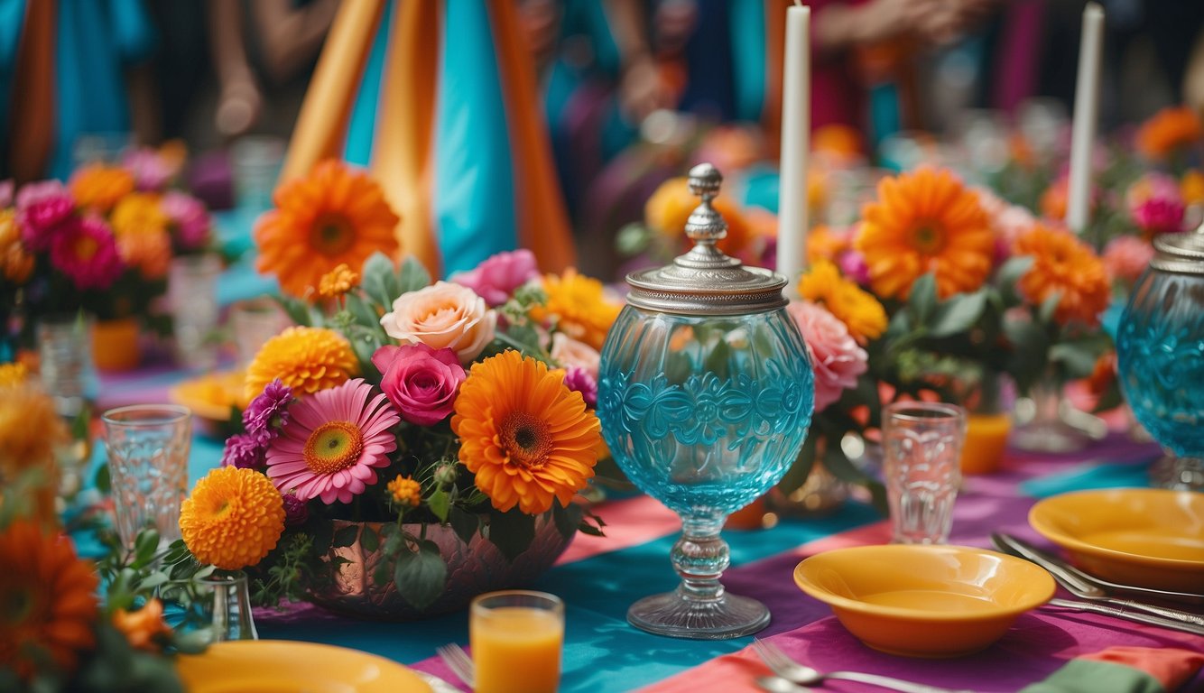 A colorful, retro-inspired wedding setting with psychedelic decorations, vibrant floral arrangements, and guests dressed in funky, 70s-inspired attire