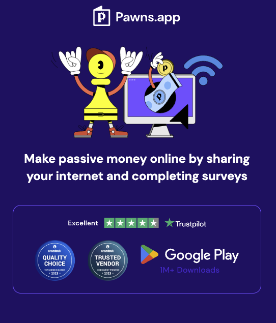 The Pawns.app website inviting users to make passive income online by sharing their internet and taking surveys. 