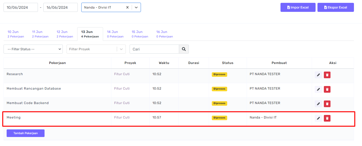 Tampilan Fitur Timesheet pada Web Admin