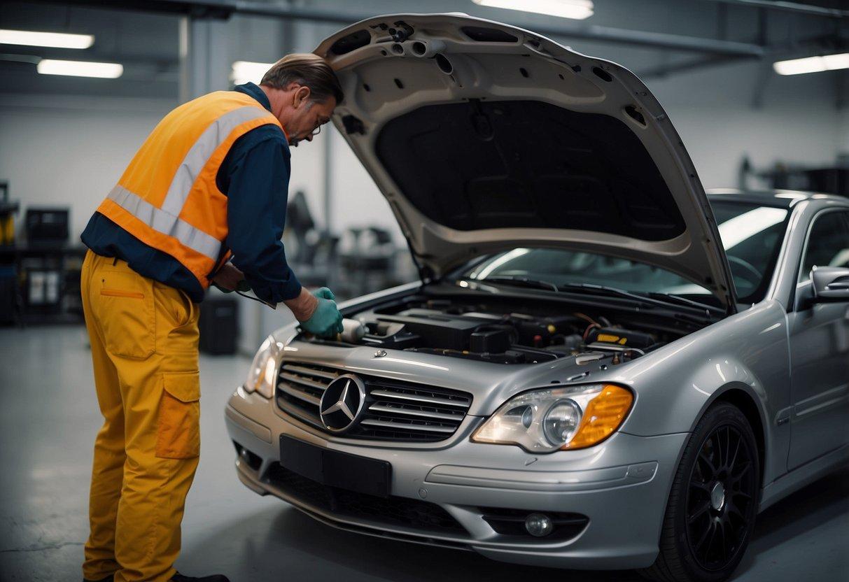 A mechanic using Mercedes repair manuals to perform maintenance on a car
