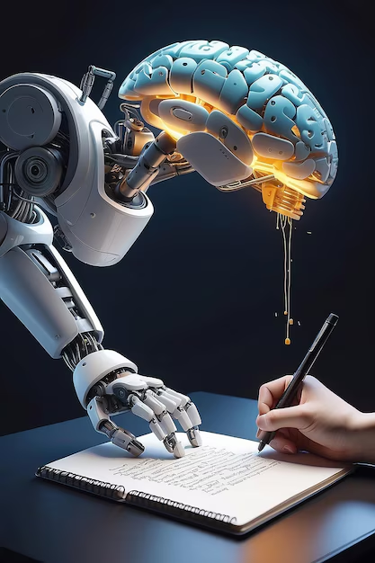 Conceptual illustration of AI writing with an AI brain and human hand