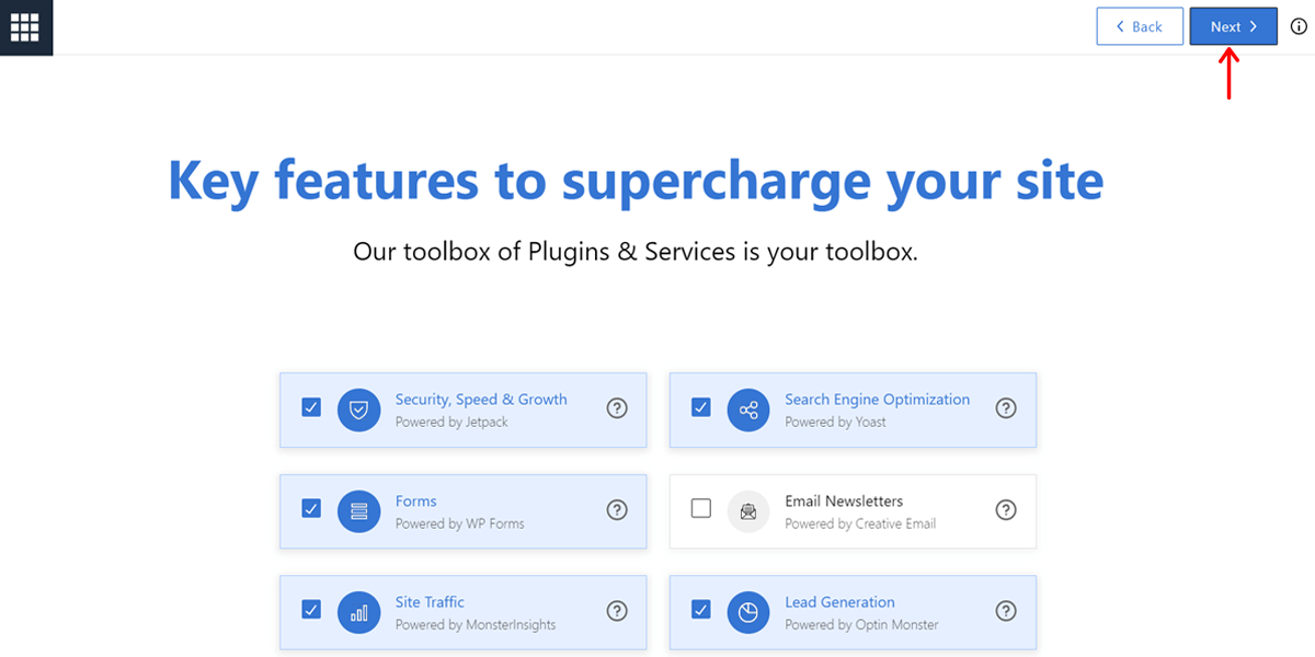 Tick Mark Plugins and Services Supported by Bluehost for Quick Install 