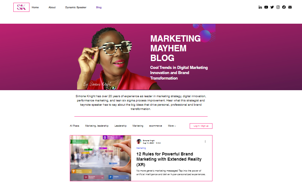 Homepage of Simone Knight - Marketing blog example