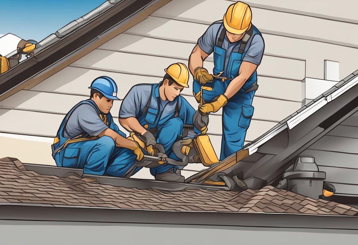 A crew of workers repairing a commercial roof, with a logo of a roofing company prominently displayed