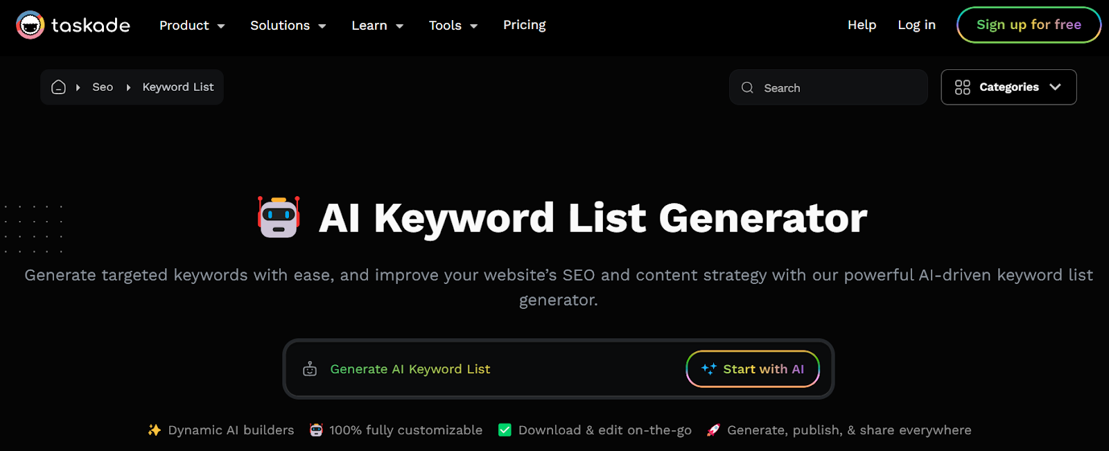 Taskade AI Keyword List Generator