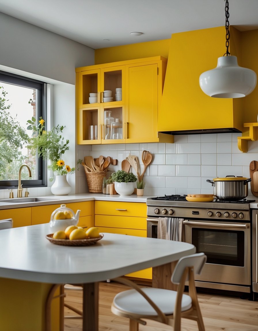 A bright kitchen with sunflower yellow cabinets, contrasting with white countertops and stainless steel appliances