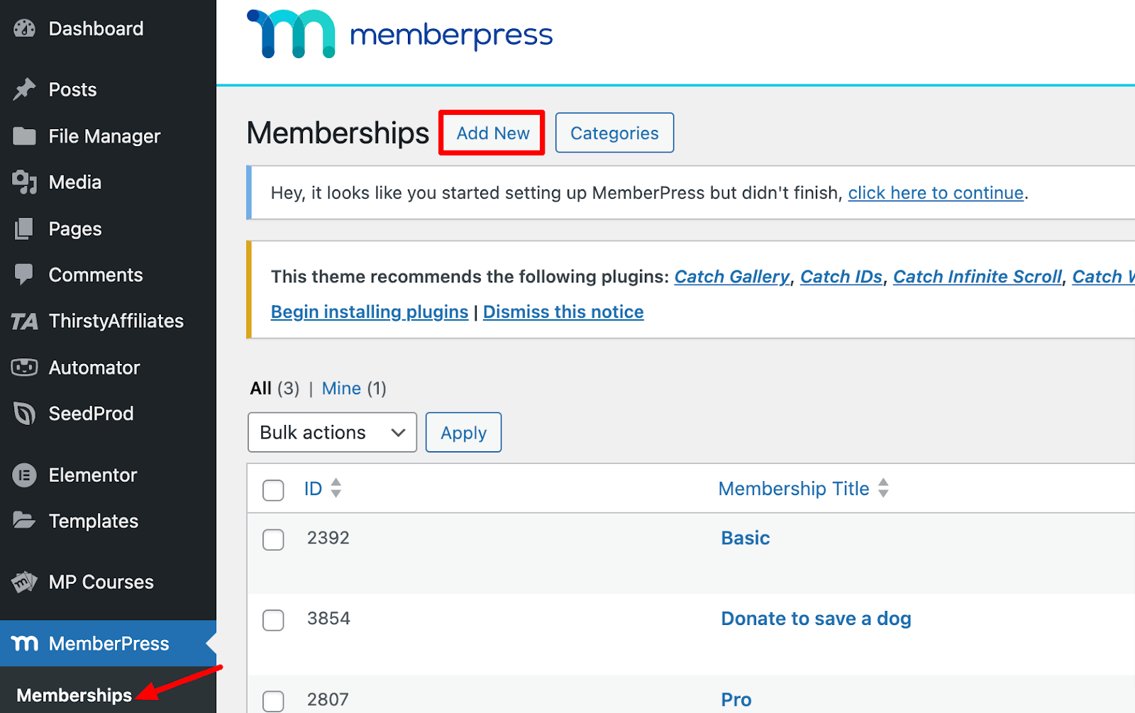 membership levels set up on memberpress