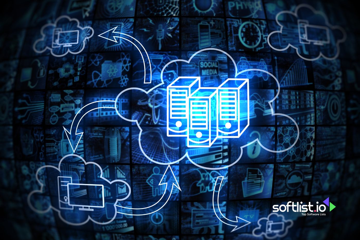 Illustration of cloud computing with servers and arrows in a blue theme