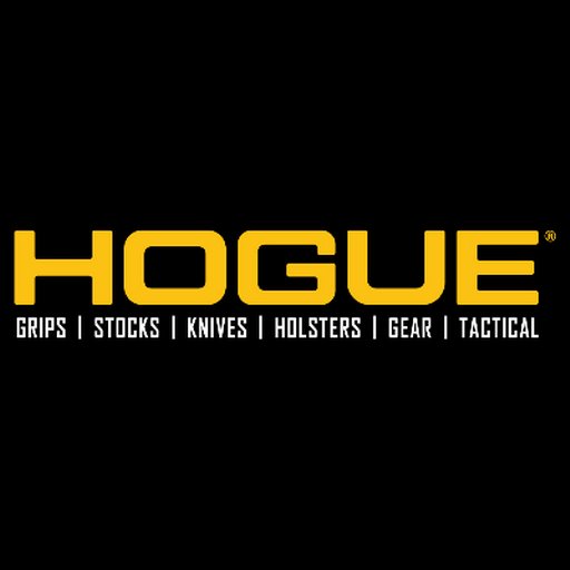 The Hogue logo in black background. Underneath the logo are the words "grips," "stocks," "knives," "holsters," "gear," and "tactical" to represent the different products Hogue manufactures.