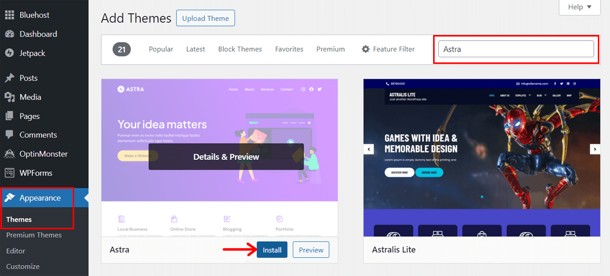 Install Astra Theme