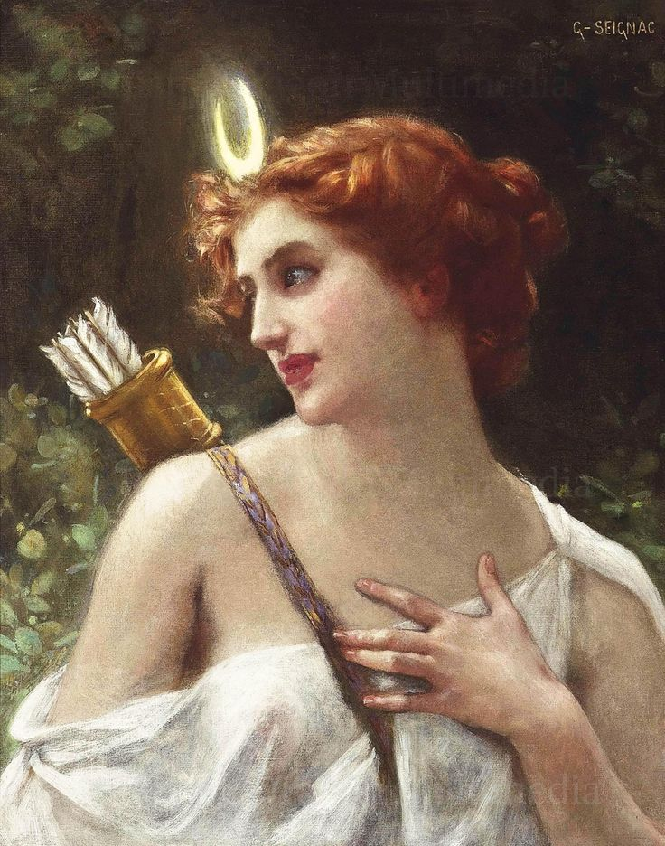 The artwork portrays Artemis with her vibrant red hair styled in a neat bun, clad in a graceful white dress. Notably, she is equipped with a quiver of arrows carried on her back.