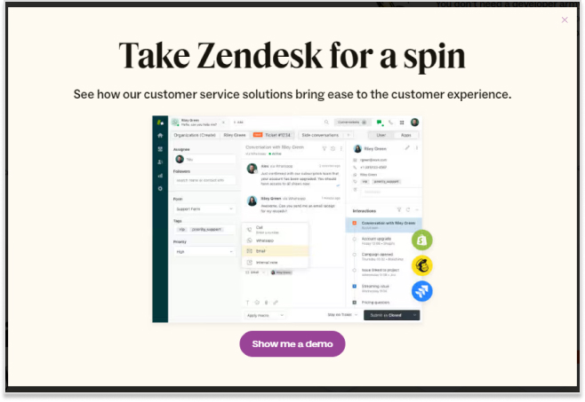 Exit Intent popup example of Zendesk