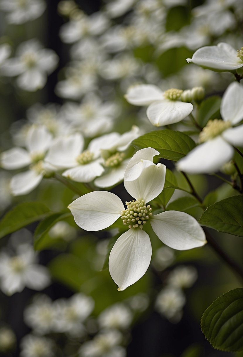 A dogwood tree with 31 white flowers in full bloom