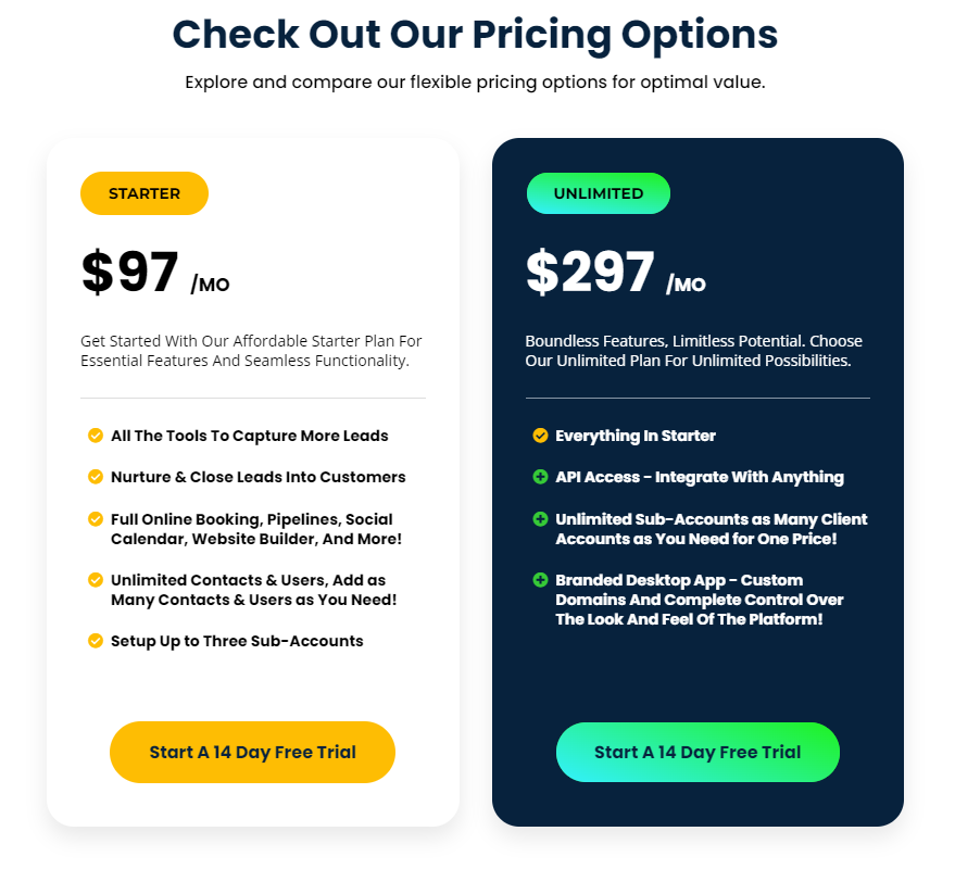 GoHighLevel Plans and Pricing 