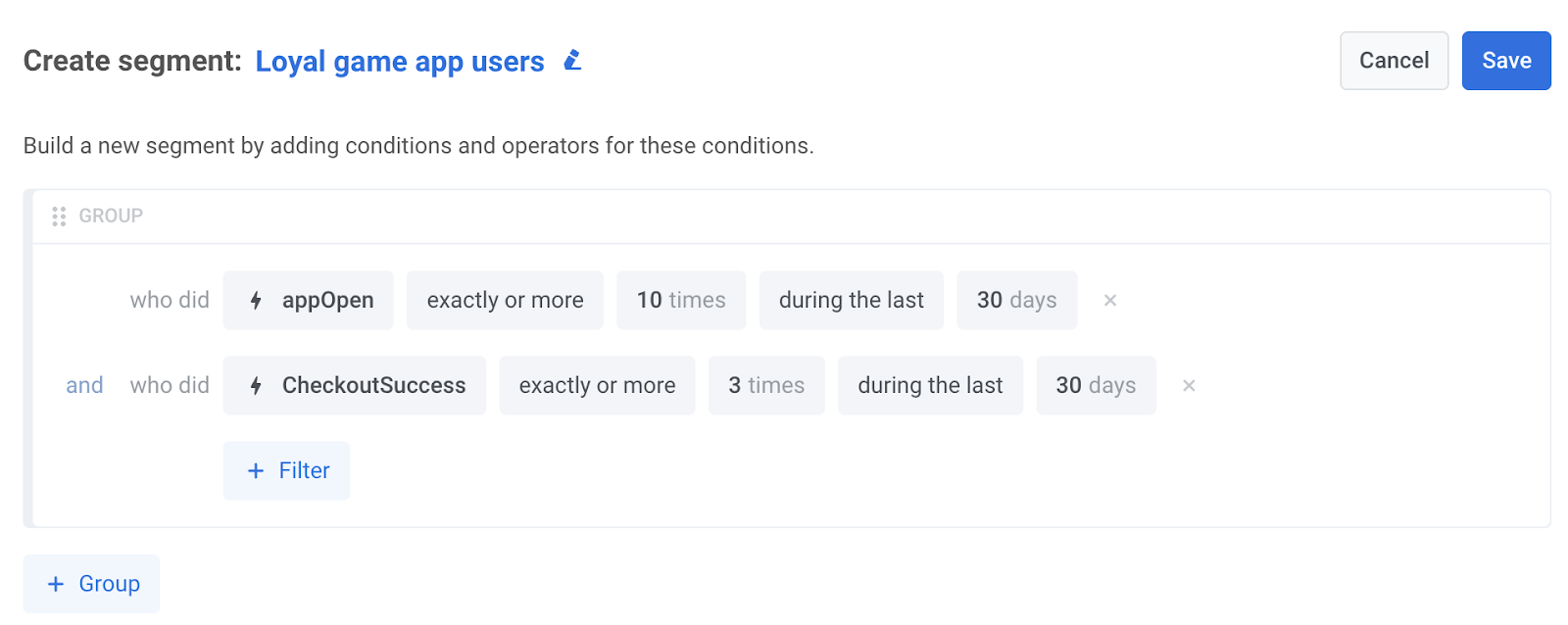 Loyal game app users example segment builder Pushwoosh