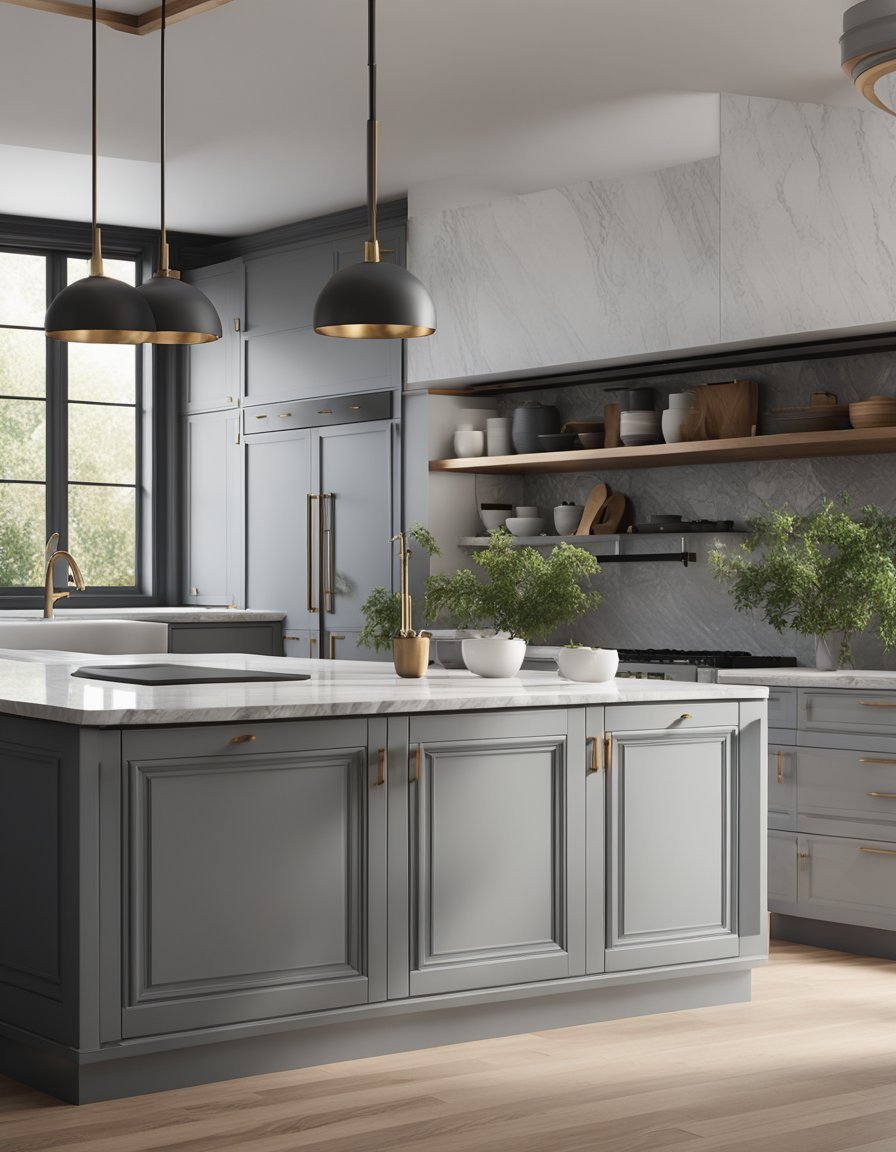 The soft gray kitchen features marble countertops and 33 light gray cabinets