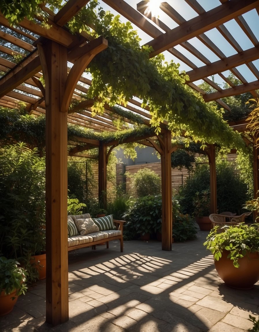 A pergola stands tall with privacy screens, surrounded by lush greenery and dappled sunlight filtering through the slats