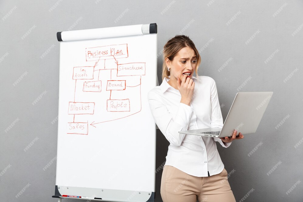 A worried woman looking at a laptop near a business plan on a whiteboard.