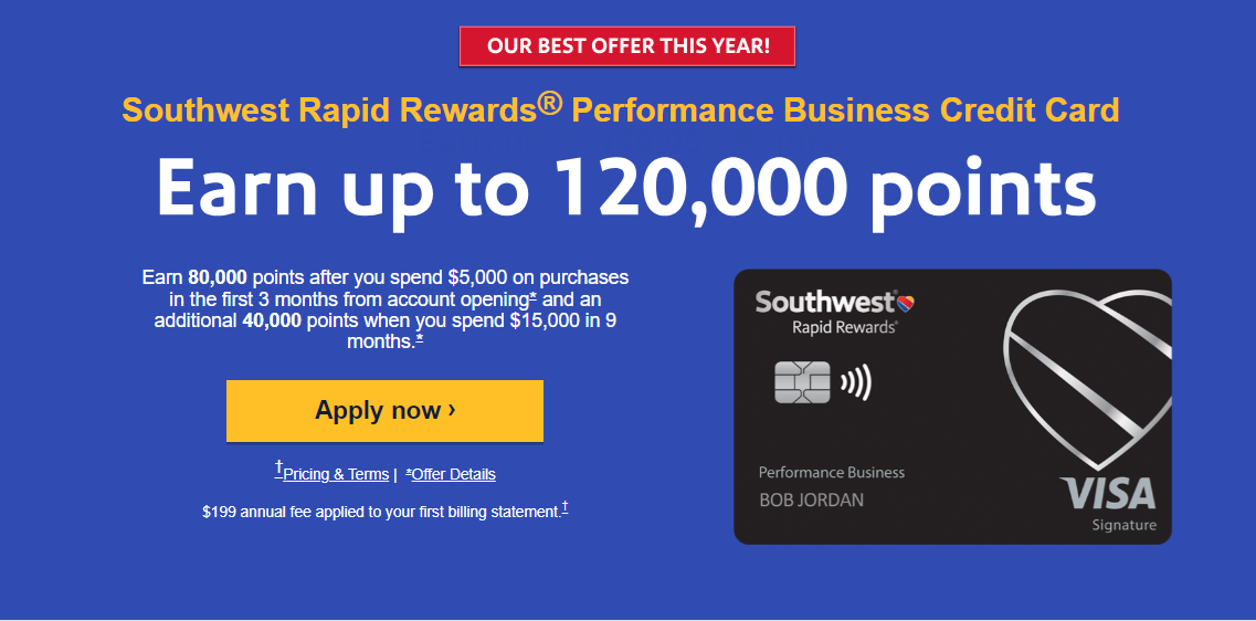 Earn up to 120,000 points through sign-up bonuses on Southwest Rapid Rewards Business Credit Cards