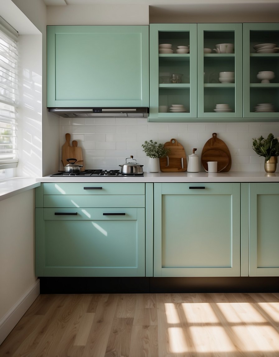 A mint green kitchen cabinet stands out against a white backdrop, with natural light streaming in through a window, casting a soft glow on the surface