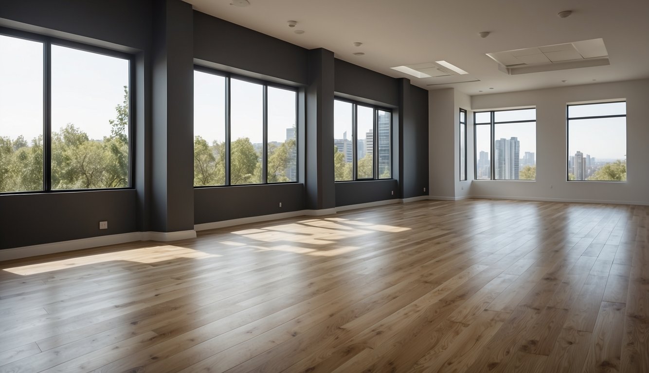 Una habitación con dos opciones de piso contrastantes, SPC y vinilo, colocada una al lado de la otra. Cada sección debe estar claramente etiquetada para comparar