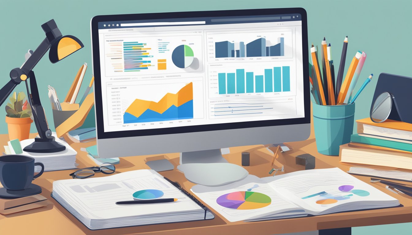 A desk cluttered with open laptops, notebooks, and research materials, with a magnifying glass highlighting Amazon's competitor analysis report