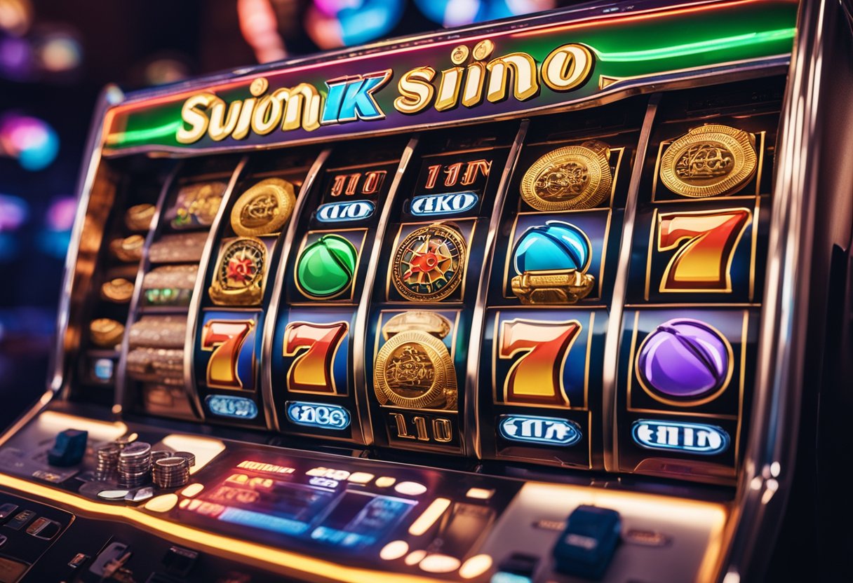 A colorful slot machine with the Suomikasino logo flashing, surrounded by excited players and stacks of chips