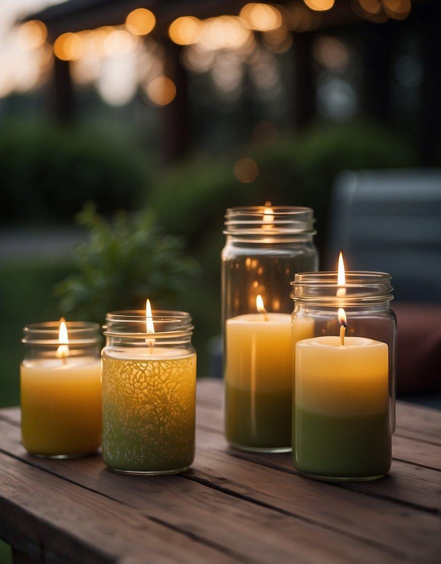 A patio adorned with citronella candles, creating a warm and inviting atmosphere for outdoor gatherings