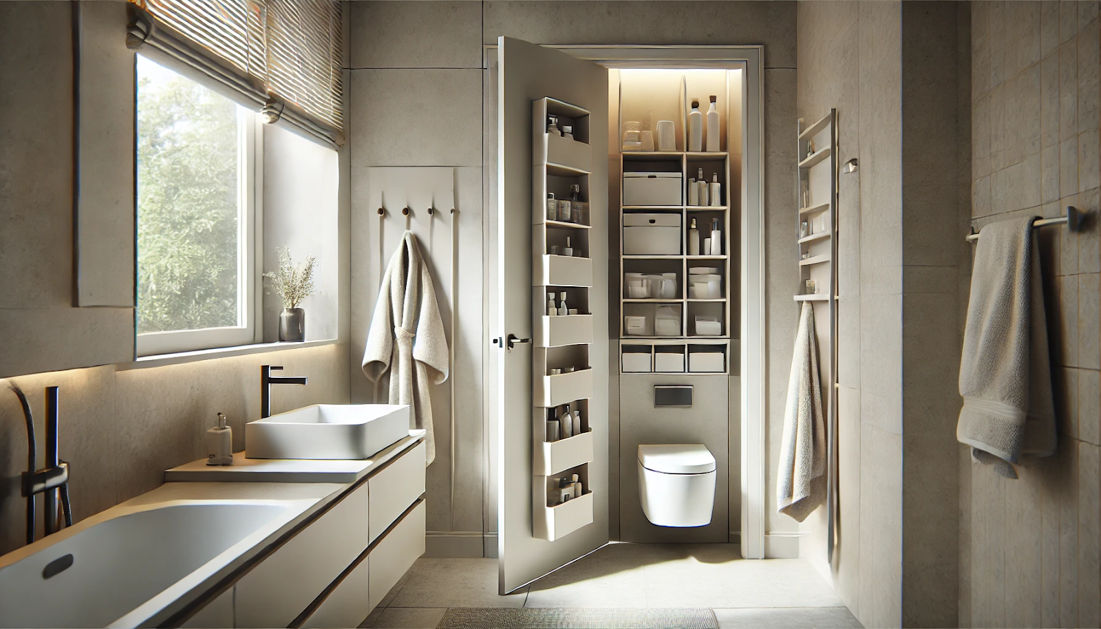 image showcasing behind-the-door storage solutions in a bathroom