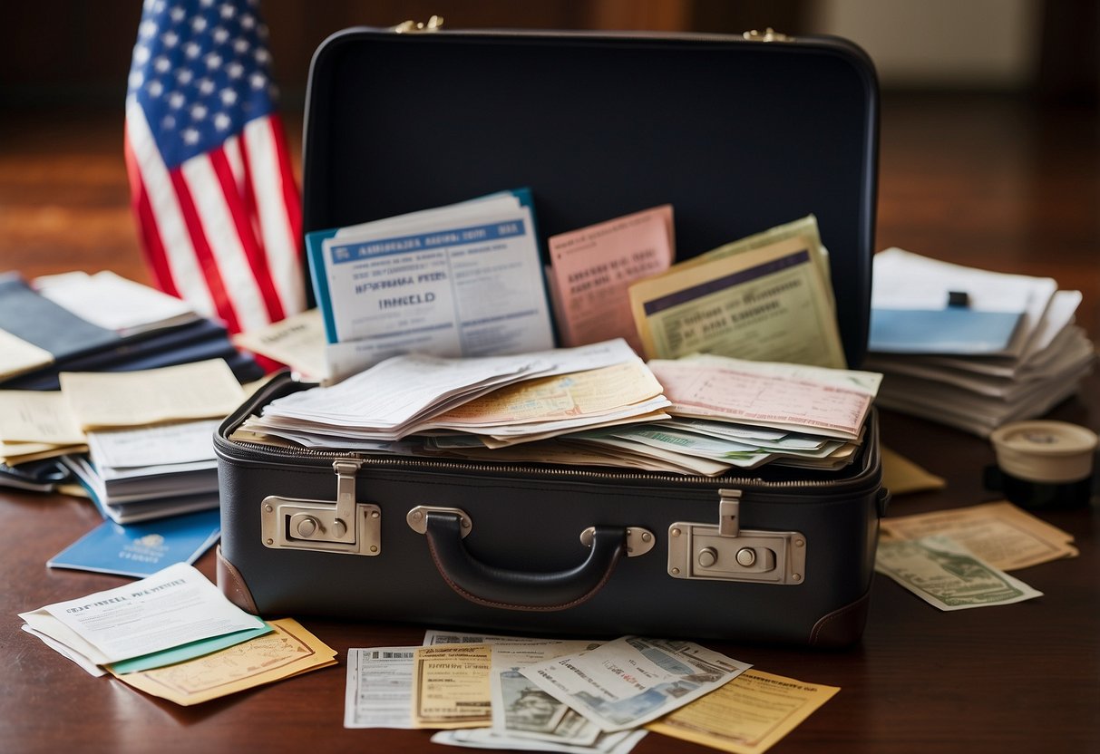 A suitcase with stickers from around the world sits next to a stack of immigration forms and a guidebook to the United States