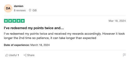 A 5-star Trustpilot Opinion Edge review from a user happy that their points redeemed as promised but unhappy with how long it took the second time. 
