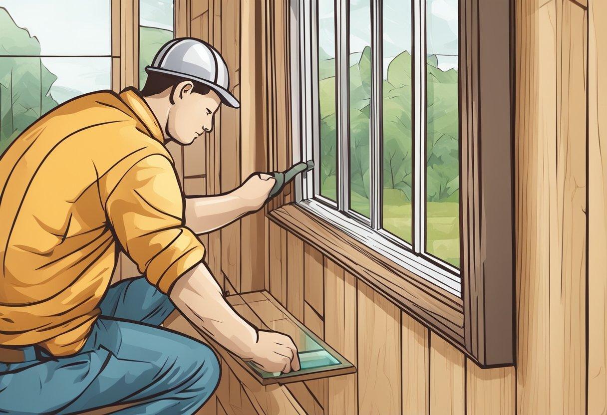 A skilled worker carefully installs a new glass window into a wooden frame in a cozy home