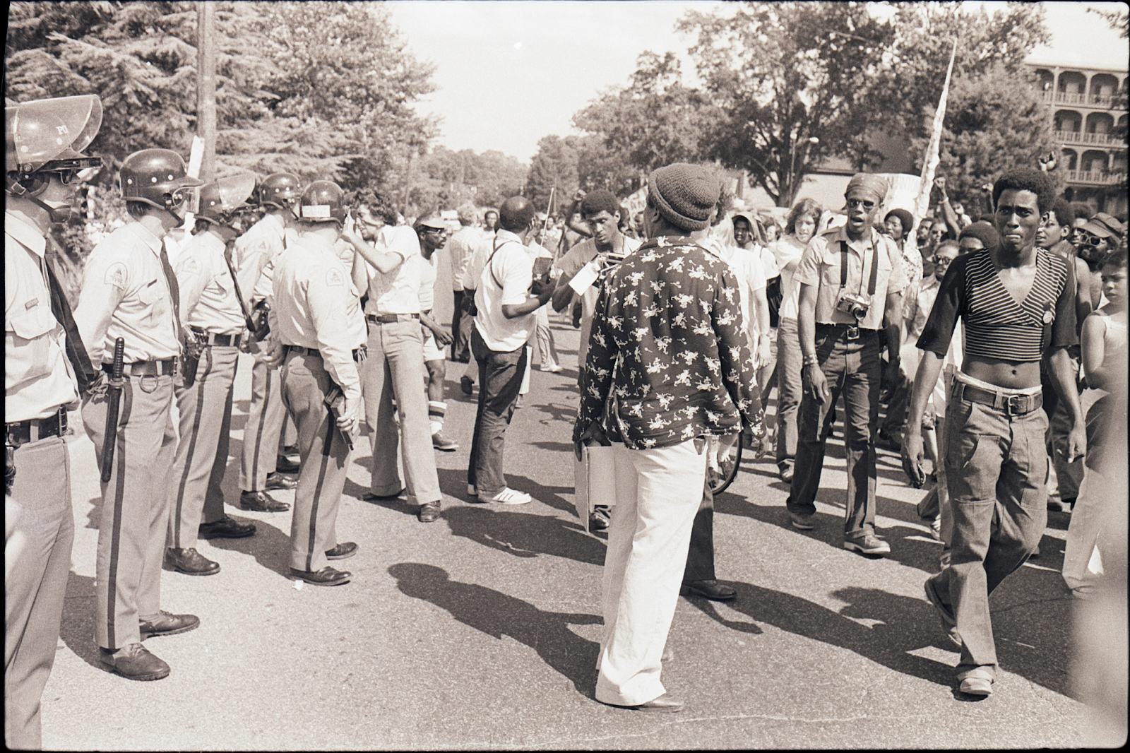 Protestors and police at protest against the death penalty, 1974.