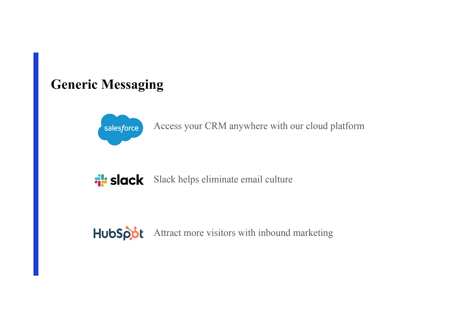 Three examples of generic messaging. Salesforce: "Access your CRM anywhere with our cloud platform". Slack: "Helps eliminate email culture". Hubspot: "Attract more visitors with inbound marketing".