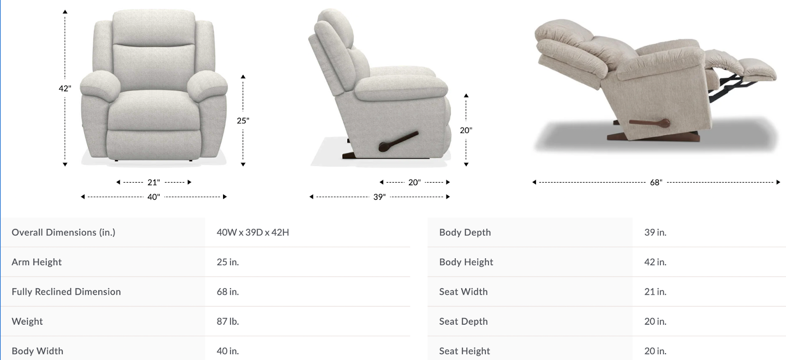 joel wall recliner size