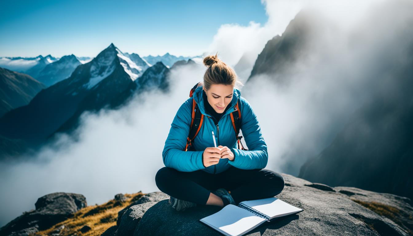 A person sitting cross-legged on a mountain peak, surrounded by mist and holding a pen and notebook, while their intuition guides them towards a bright writing job in the distance.