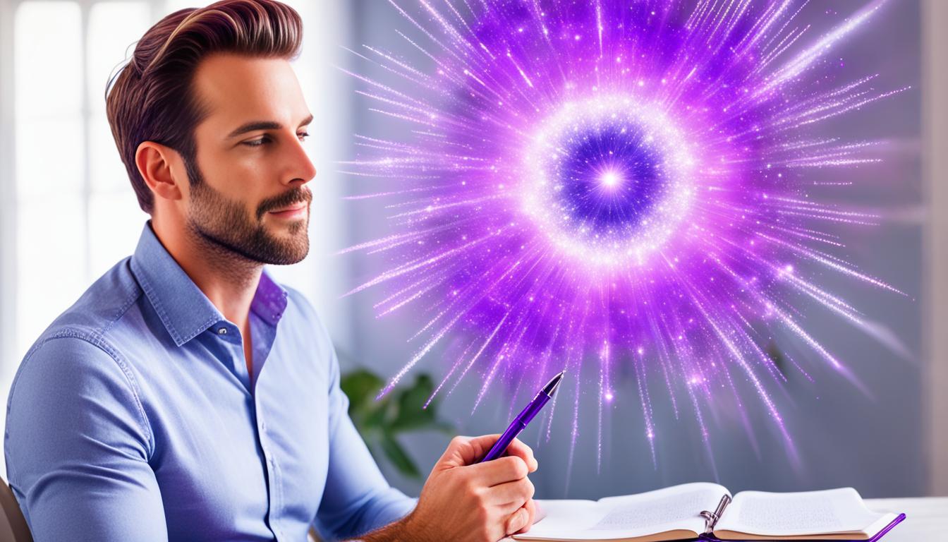 Visualize yourself surrounded by a sparkling purple aura, sitting in a peaceful state with a pen and paper. You are writing down positive affirmations for yourself, manifesting the feeling of joy and excitement you would have when you receive a text from him. With each word you write, the aura around you grows brighter. As you finish writing, you feel your vibration rise to match the energy of the universe. You see his name pop up on your phone, and you smile knowing that the power of manifestation has brought him to reach out to you.