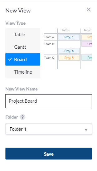 A popup window showing options for new views in the Visor interface. Board View, the Kanban Board option, is selected.