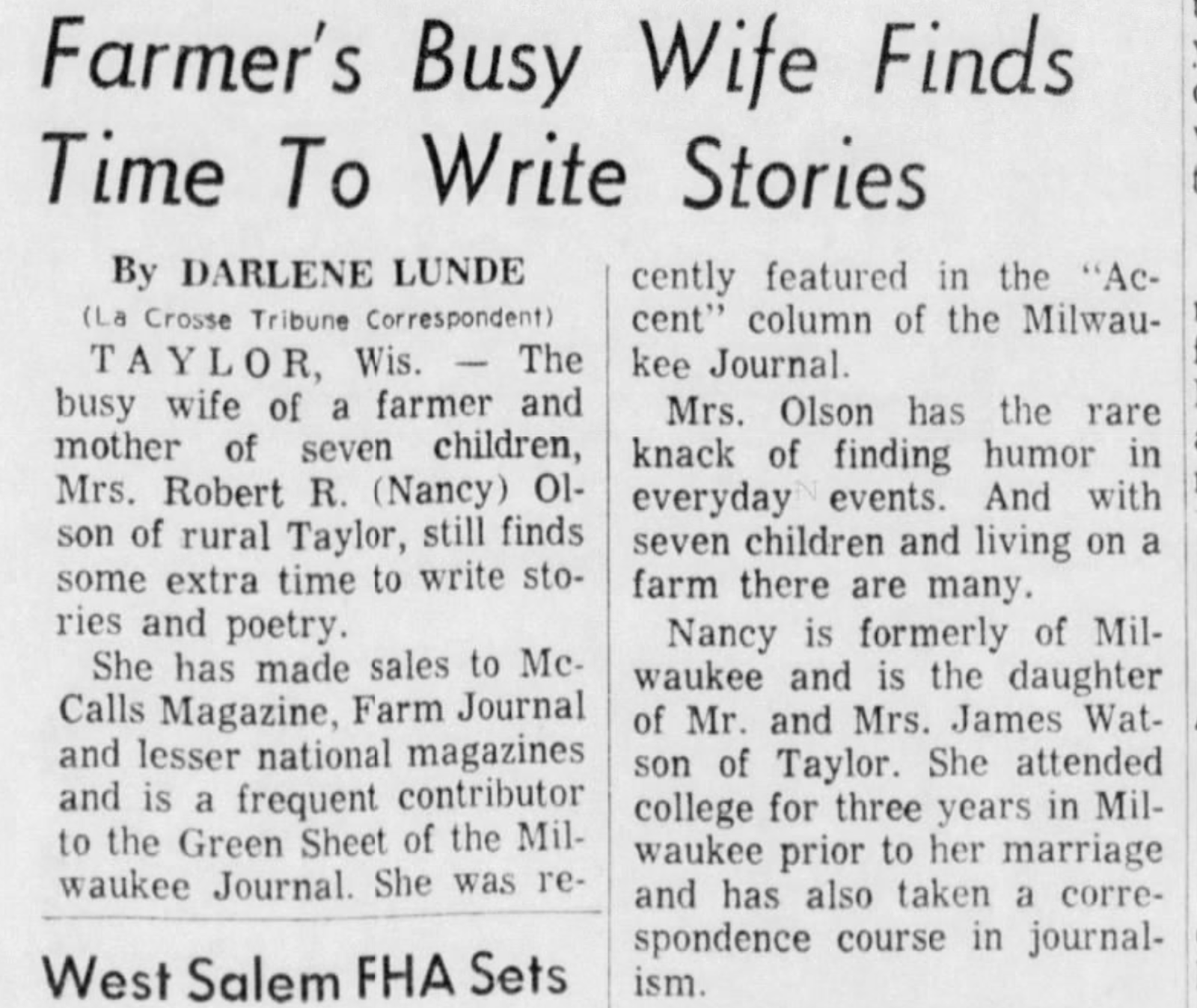 "Farmer's Busy Wife Finds Time To Write Stories"