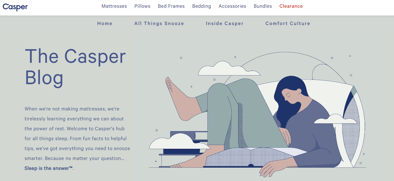 Casper blog homepage as an example of blogging for companies