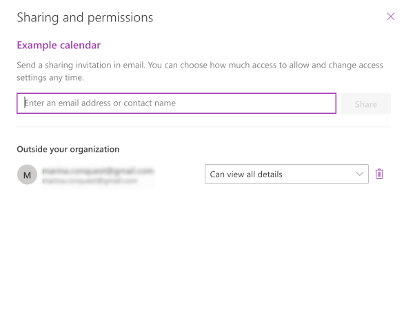 Specify an addressee & permissions for your shared calendar.