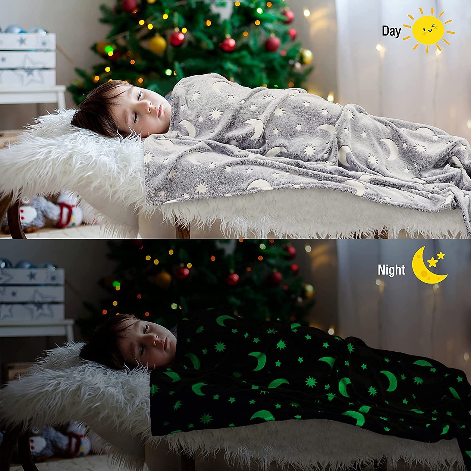 Starry Night Moon and Stars Glow in The Dark Blanket for Kids | 200 x 152cm, 0-15 Years, Queen Size Flannel Blanket | Birthday Gift for Kids Bed, Sofa, or Couch