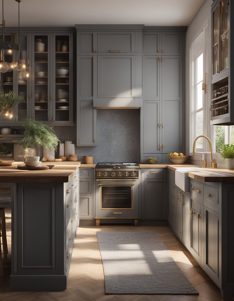 A cozy kitchen with distressed gray cabinets, vintage hardware, and warm lighting