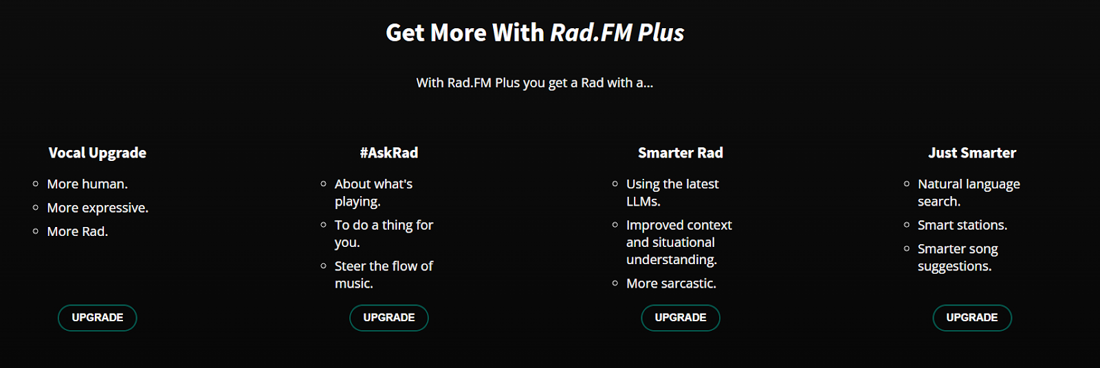 Radiant landing page screenshot with an announcement of Rad.FM Plus subscription that will include more features, better AI recommendations, and a better voice for the DJ