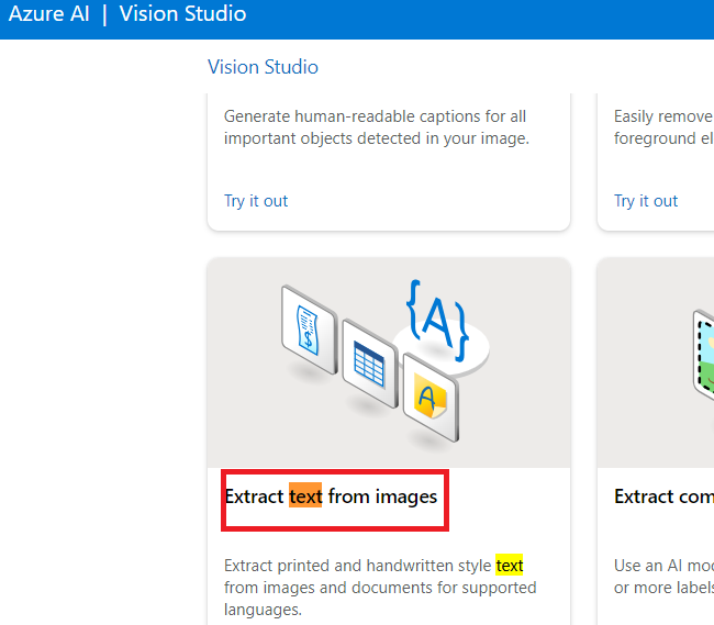 Extract text from images Vision Studio