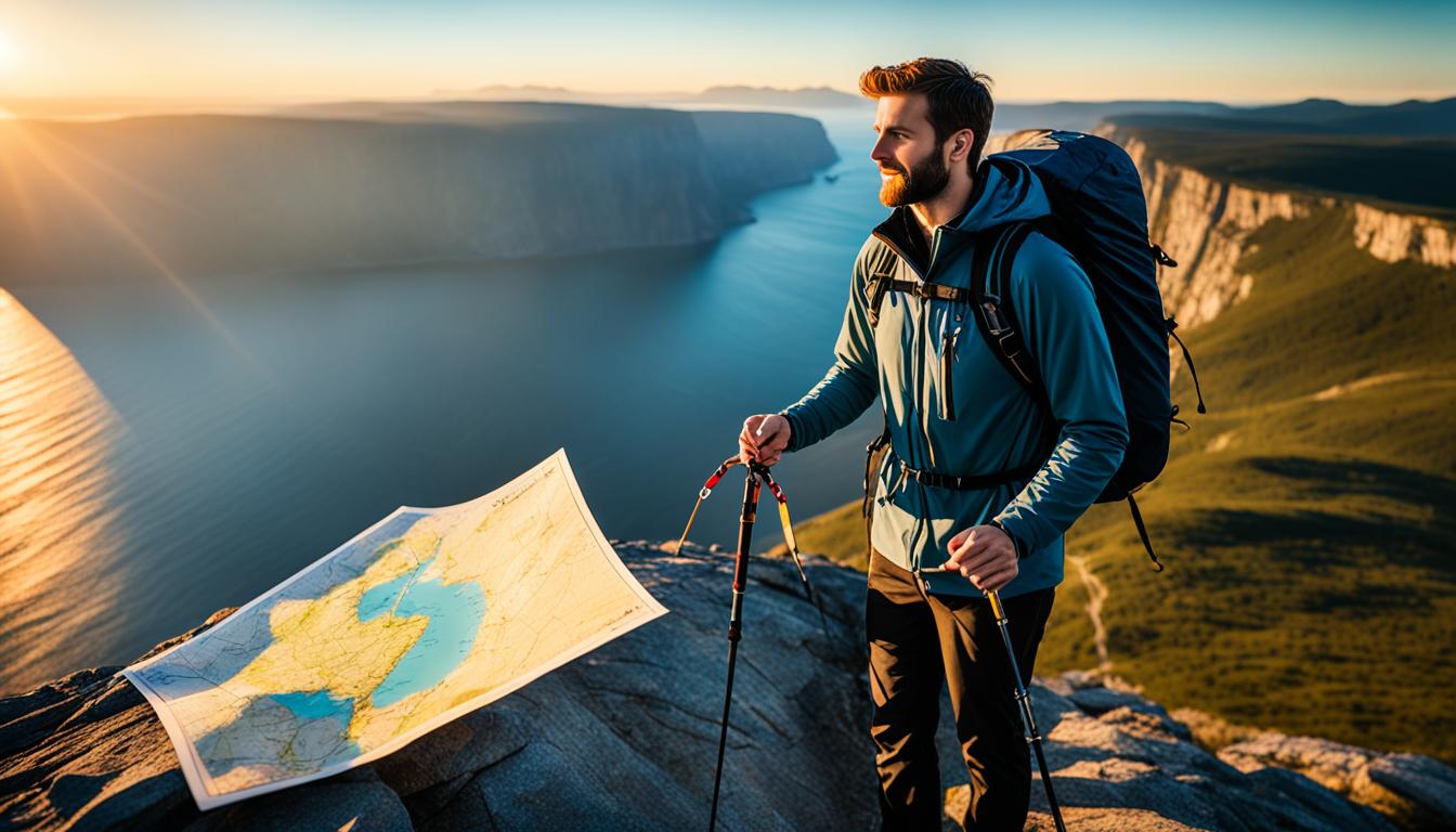 A person standing at the edge of a cliff, looking out towards a vast horizon as the sun begins to rise. The person is holding a map and compass in one hand and a walking stick in the other hand, symbolizing their determination and preparedness to overcome any obstacles on the journey towards their manifested goals. Behind the person, a trail of footprints leads towards the horizon, showing that they have already come a long way on their journey.