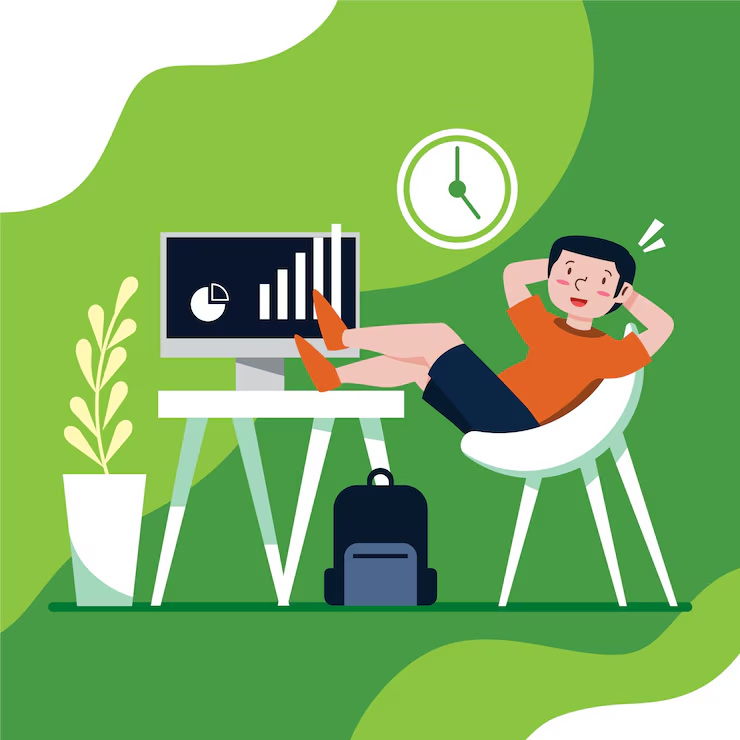  Illustration showing a person relaxing next to charts and graphs on a screen