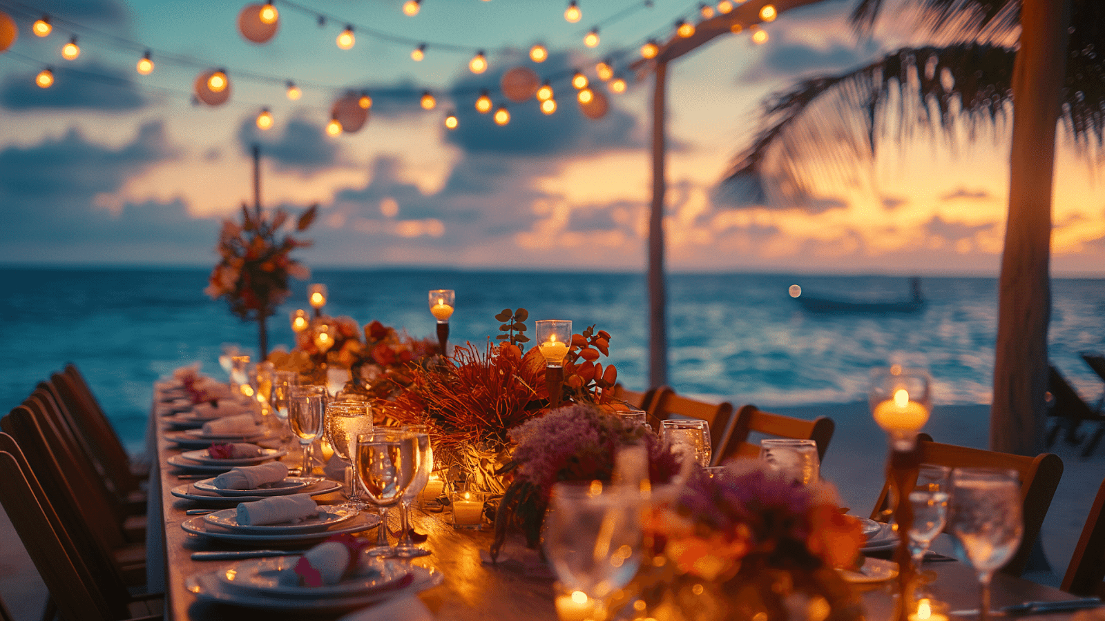 An elegantly set dinner table by the ocean at sunset highlighting the romantic wedding venues in the Maldives