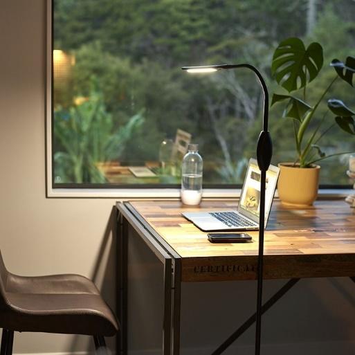 minimalist style black floor lamp in front of a coffee table with laptop